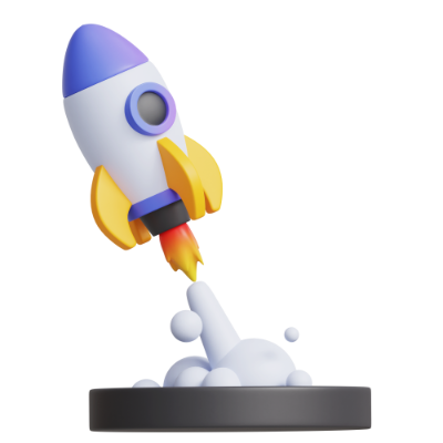 A 3D cartoonized icon of a rocketship launching off of a launchpad