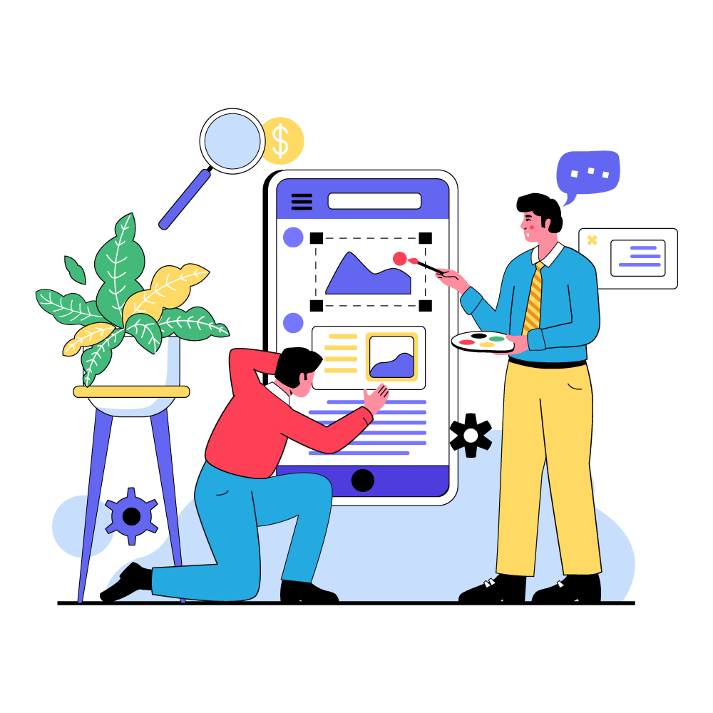 An abstract illustration of two people designing a website