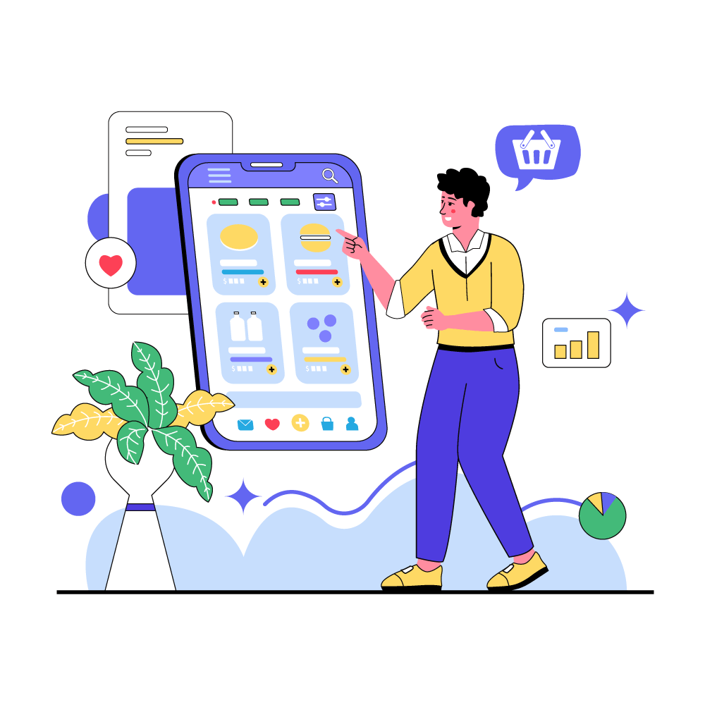 A stylized abstract illustration of a person reviewing the layout of an ecommerce website on a phone