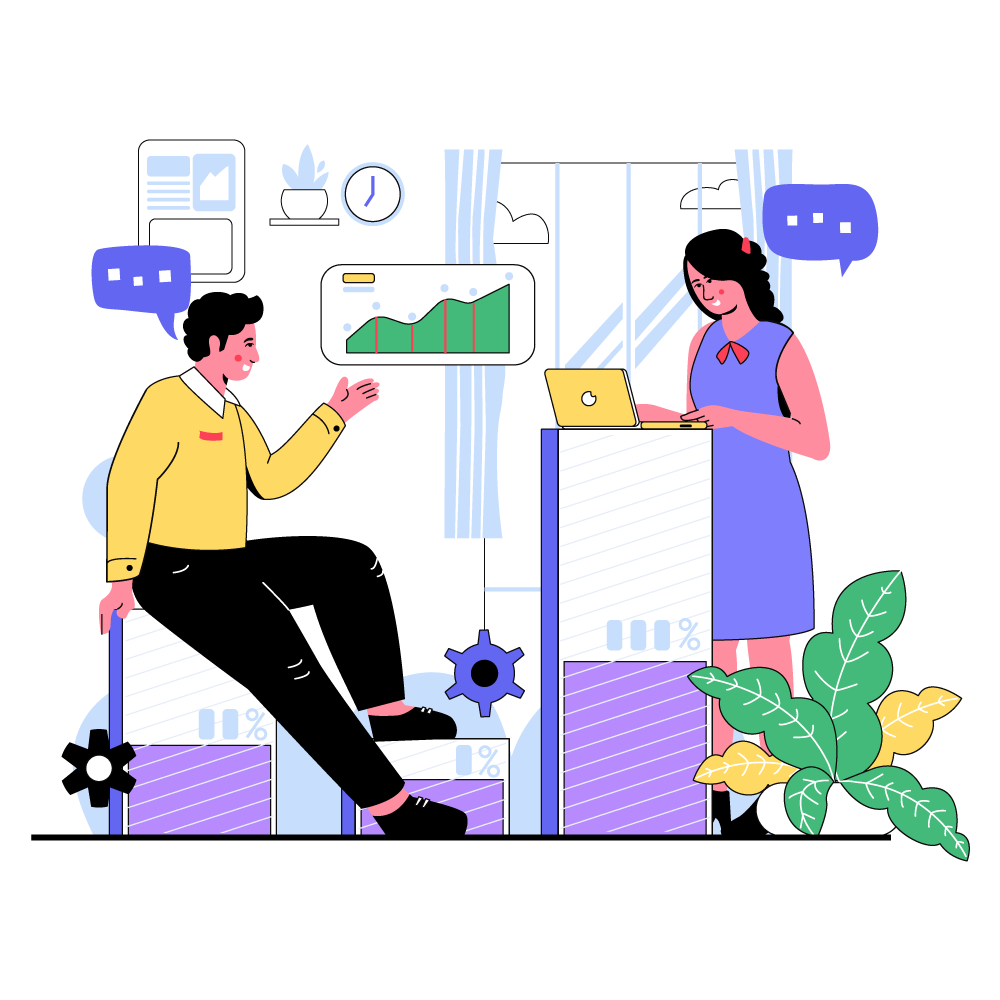 A stylized abstract graphic of two people reviewing websites