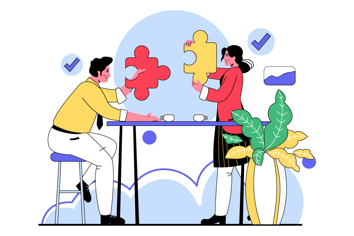 An abstract graphic of a man and a woman putting two puzzle pieces together